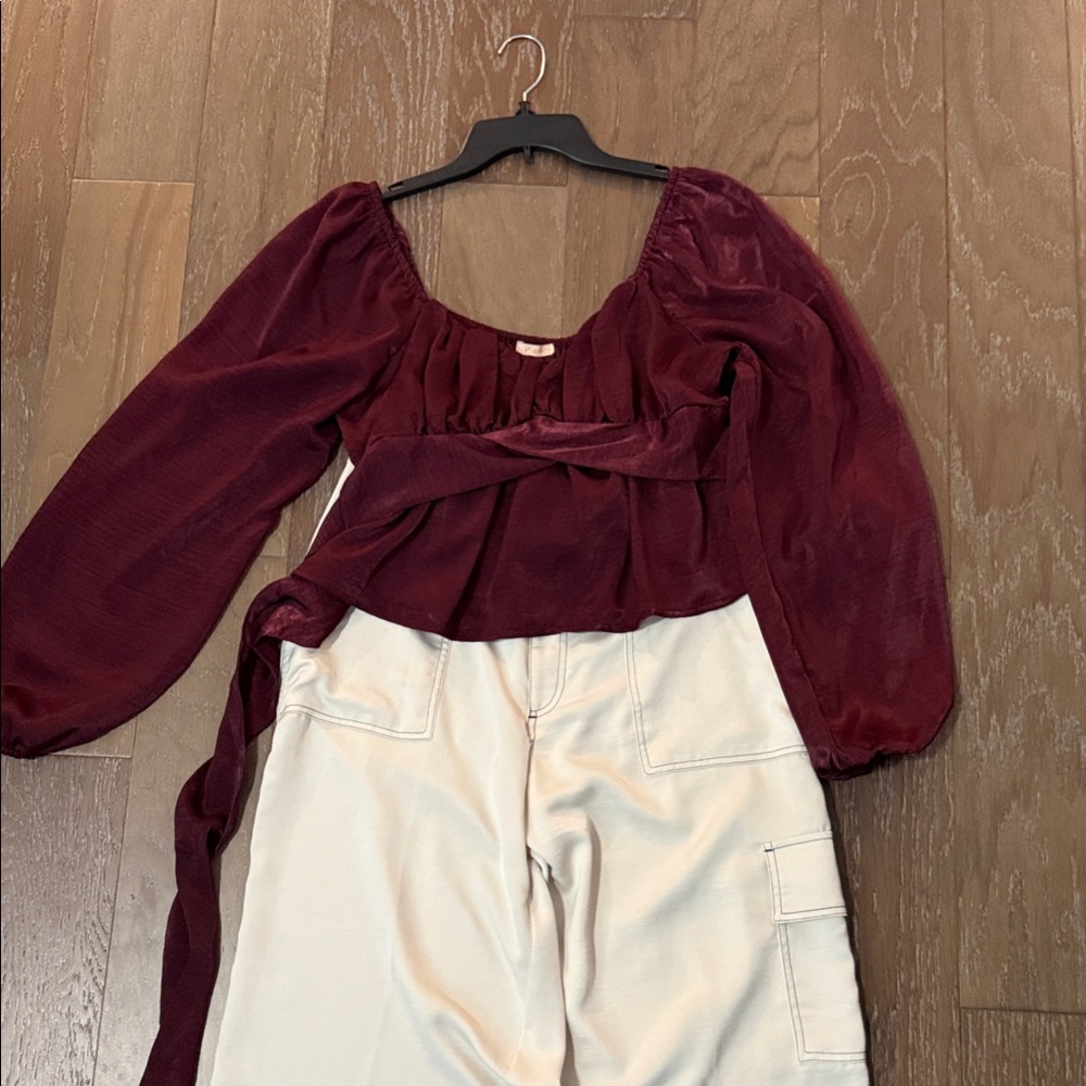 Evolutionary Elegant Burgundy Long Sleeve  Blouse with Puff Sleeves